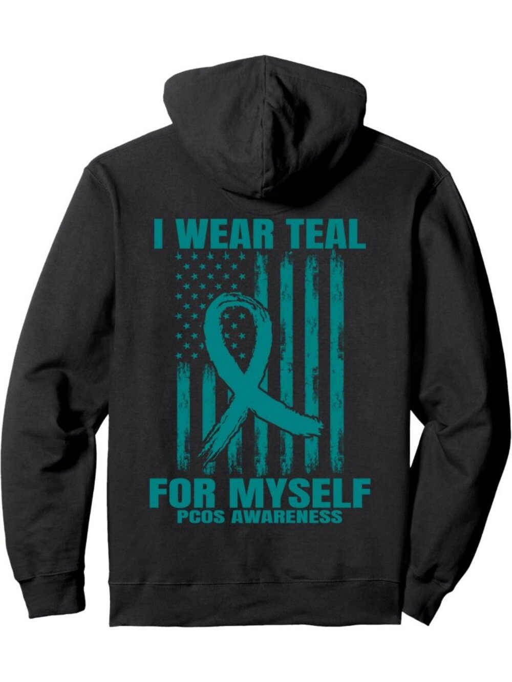 Teal PCOS Awareness Graphic Hoodie with American Flag Back Print - Cozy Pullover